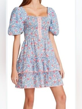 Betsey Johnson Jr XL Light Blue Pink Floral Puff-Sleeve Tiered Mini Smocked EUC